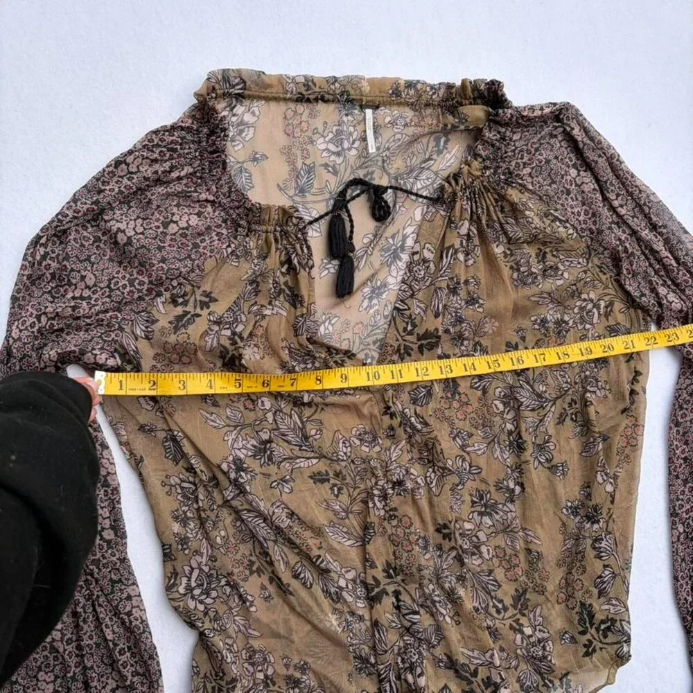 Free People Hendrix Brown Sheer Floral Tassel Puff Sleeve Peasant Blouse Sz S